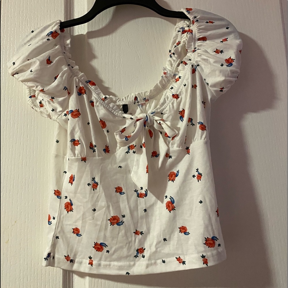 White floral off the shoulder crop top